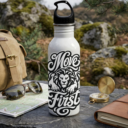 White water bottle with black text "Move First" and a lion design.