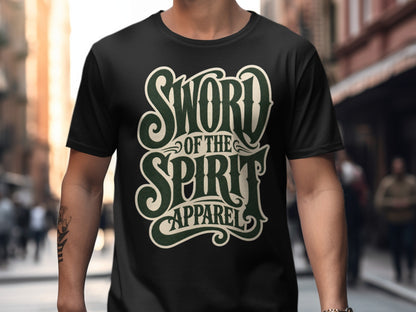 Black t-shirt with cream and green "Sword of the Spirit Apparel" text graphic.