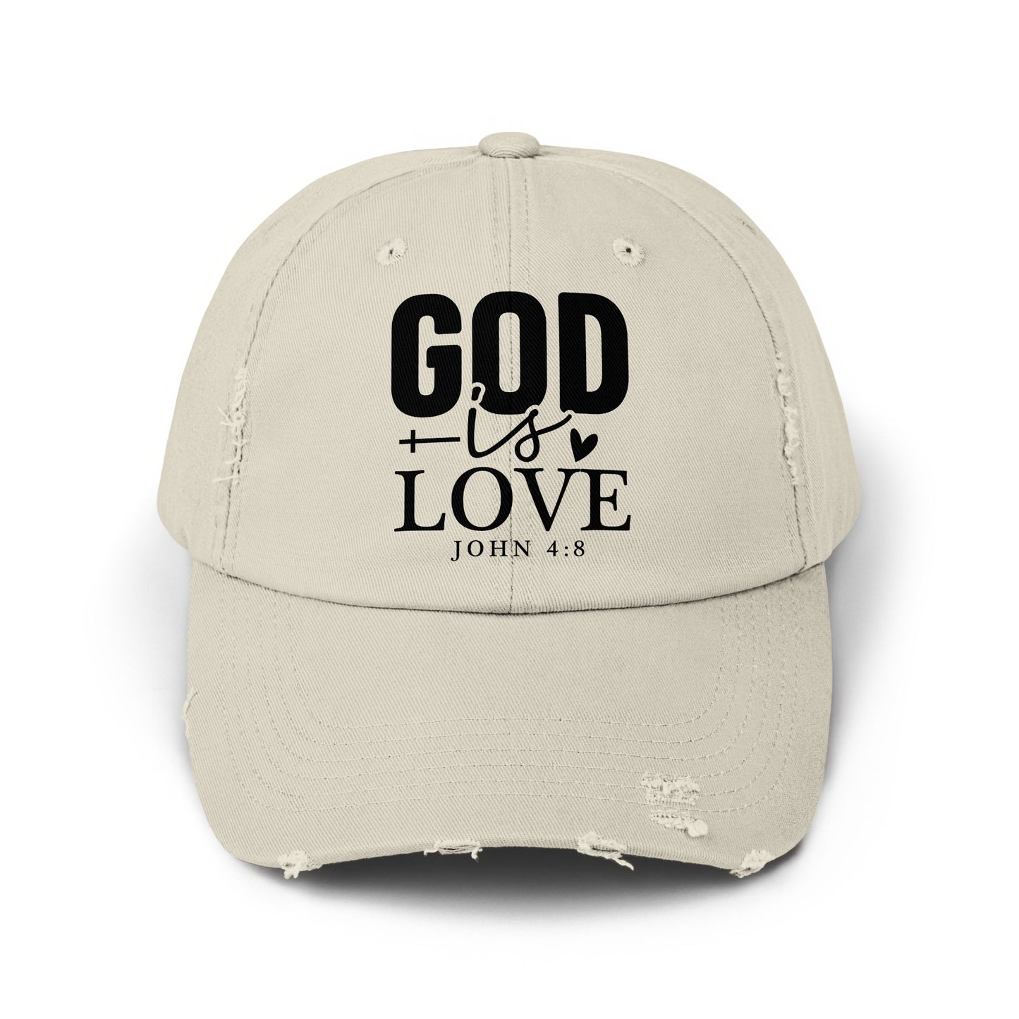 Distressed tan cap with black text "GOD is LOVE John 4:8".