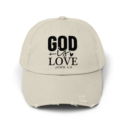 Distressed tan cap with black text "GOD is LOVE John 4:8".