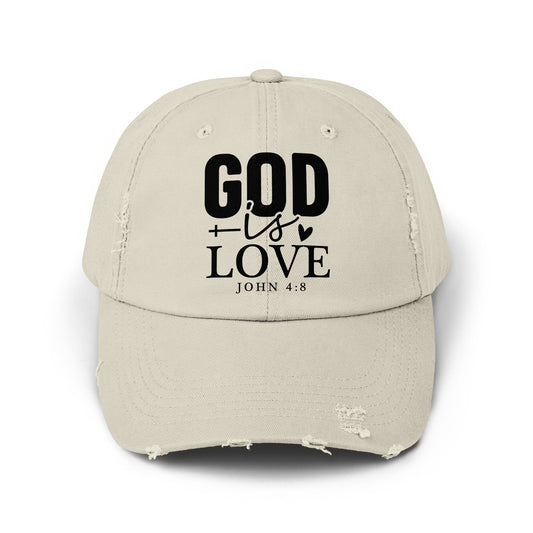 Distressed tan cap with black text "GOD is LOVE John 4:8".