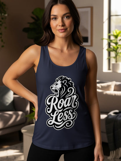 Navy tank top with lion graphic and "Roar Less" text.