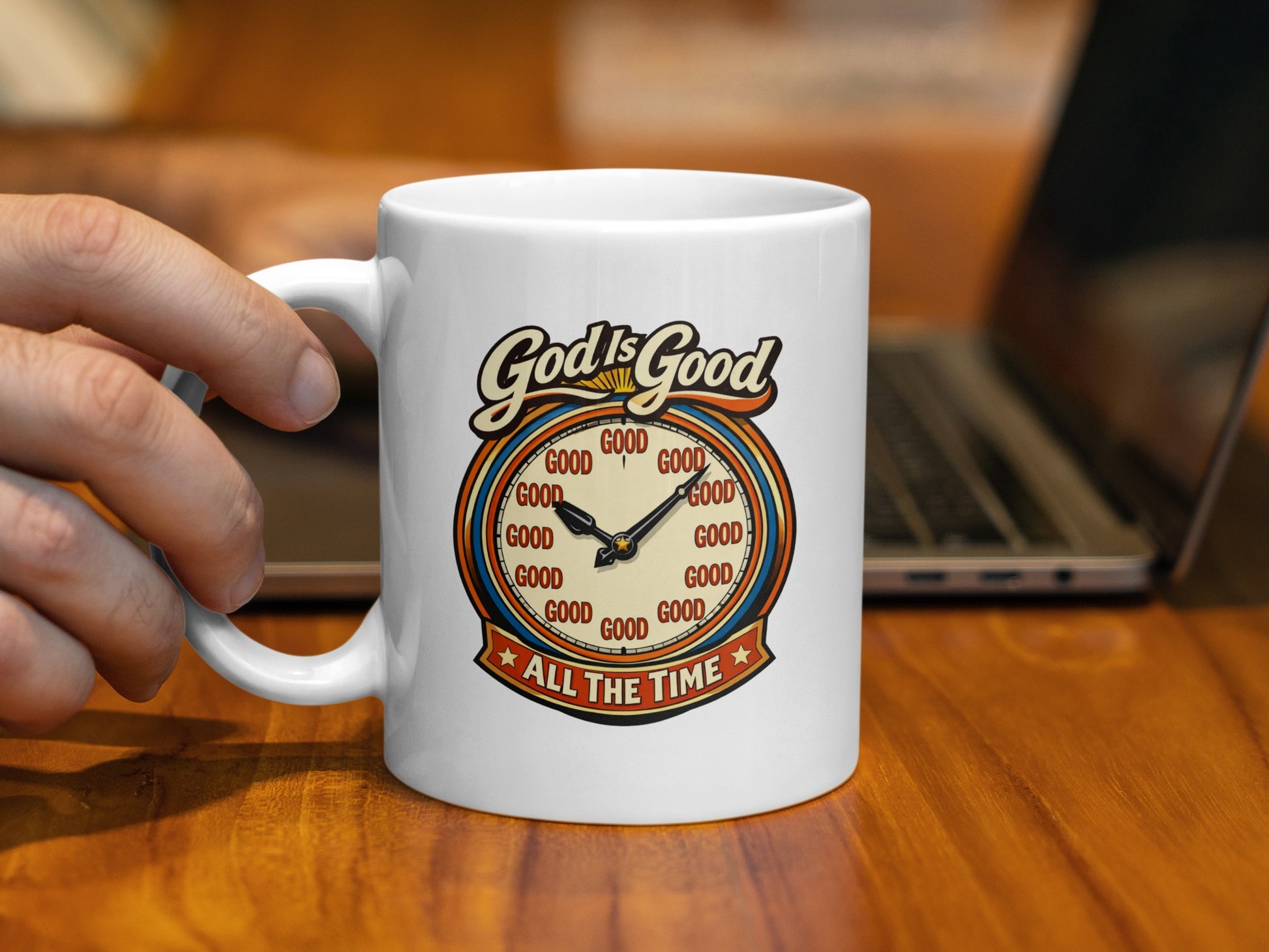 White mug with "God is Good All the Time" text and clock art.