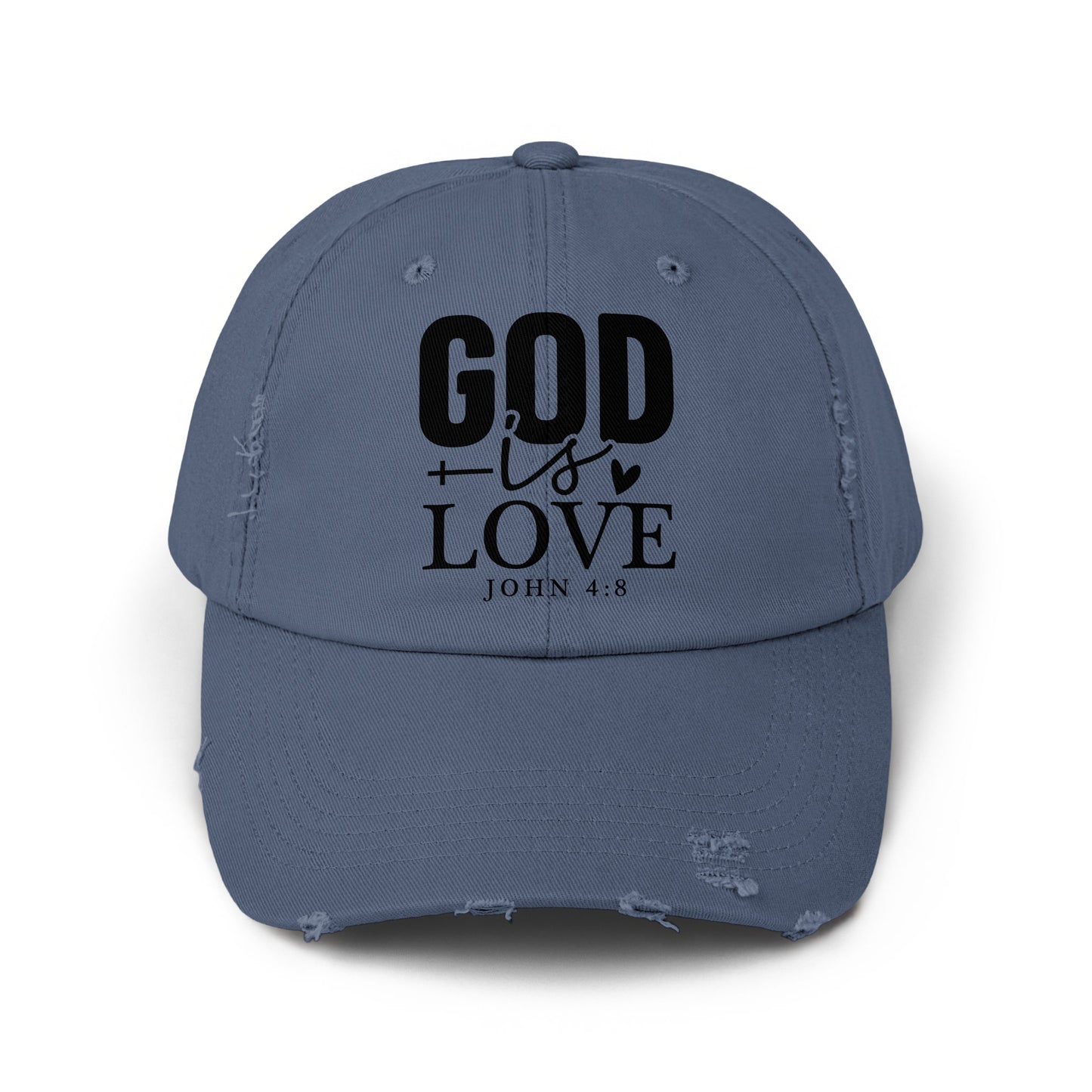 Distressed blue cap with black text "GOD is LOVE JOHN 4:8"