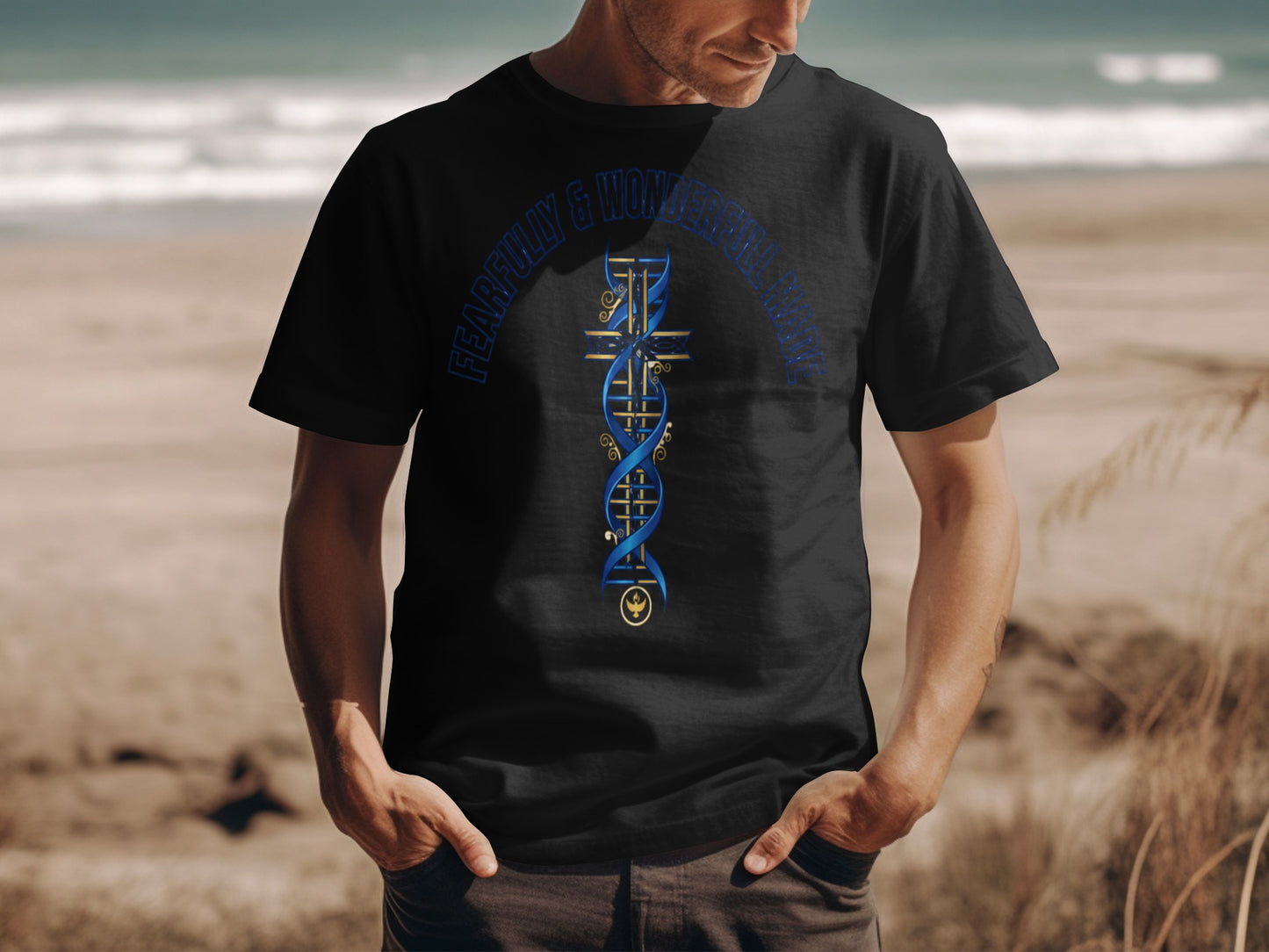 Black t-shirt with blue text "FEARFULLY & WONDERFULL MADE" and a gold and blue cross.