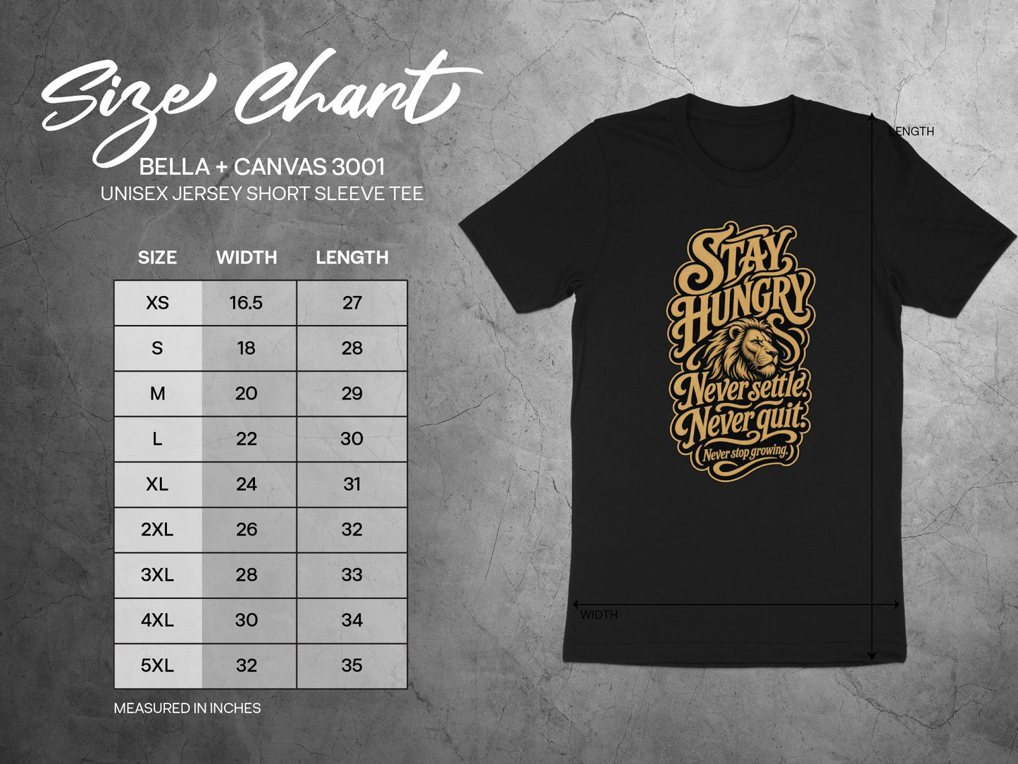 BELLA + CANVAS 3001 unisex short sleeve tee size chart with width and length measurements in inches.
