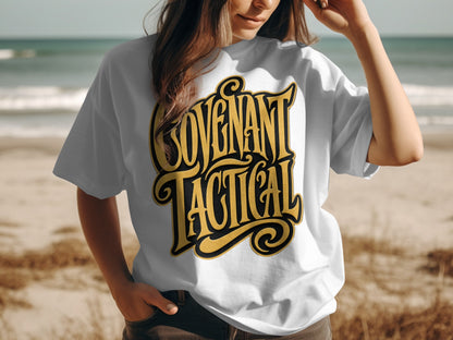 White t-shirt with gold and black "Covenant Tactical" lettering on the front.
