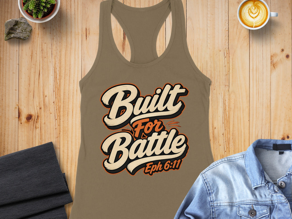 Brown tank top with "Built For Battle Eph 6:11" graphic design.