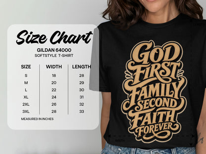 Gildan 64000 Softstyle T-Shirt size chart with width and length in inches.