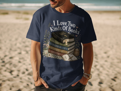 Navy t-shirt with stack of books: Bible, English, Math, Science, History.