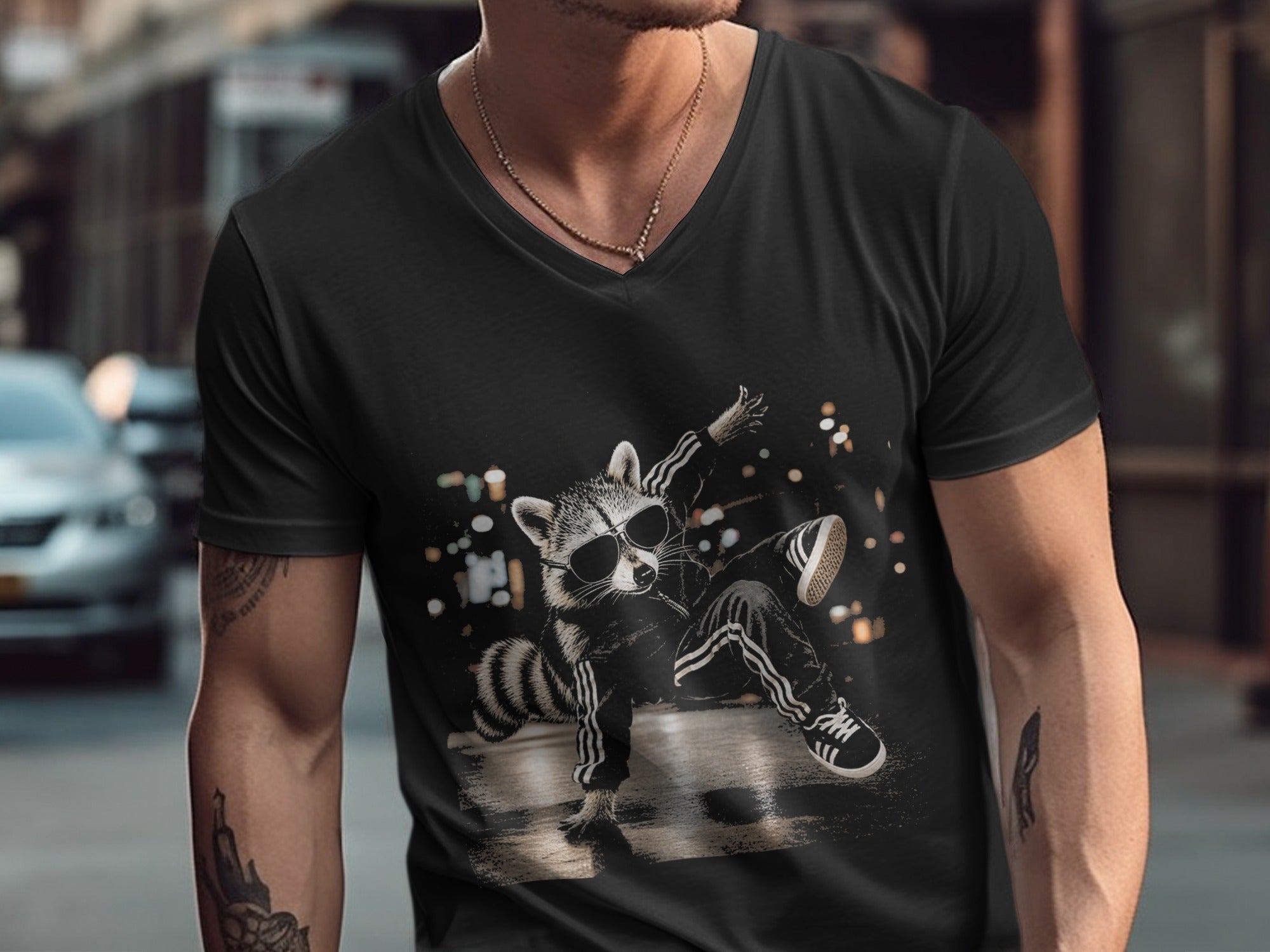 Black t-shirt featuring a raccoon in sunglasses and tracksuit dancing against bokeh lights.