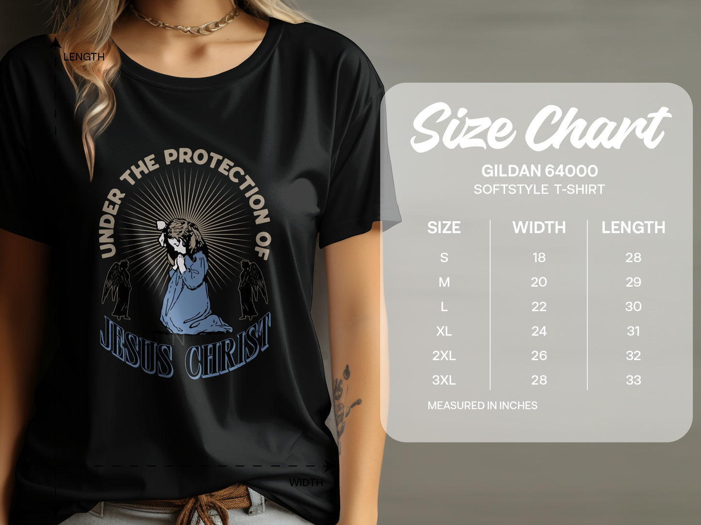 Black t-shirt with graphic and Gildan 64000 softstyle t-shirt size chart.