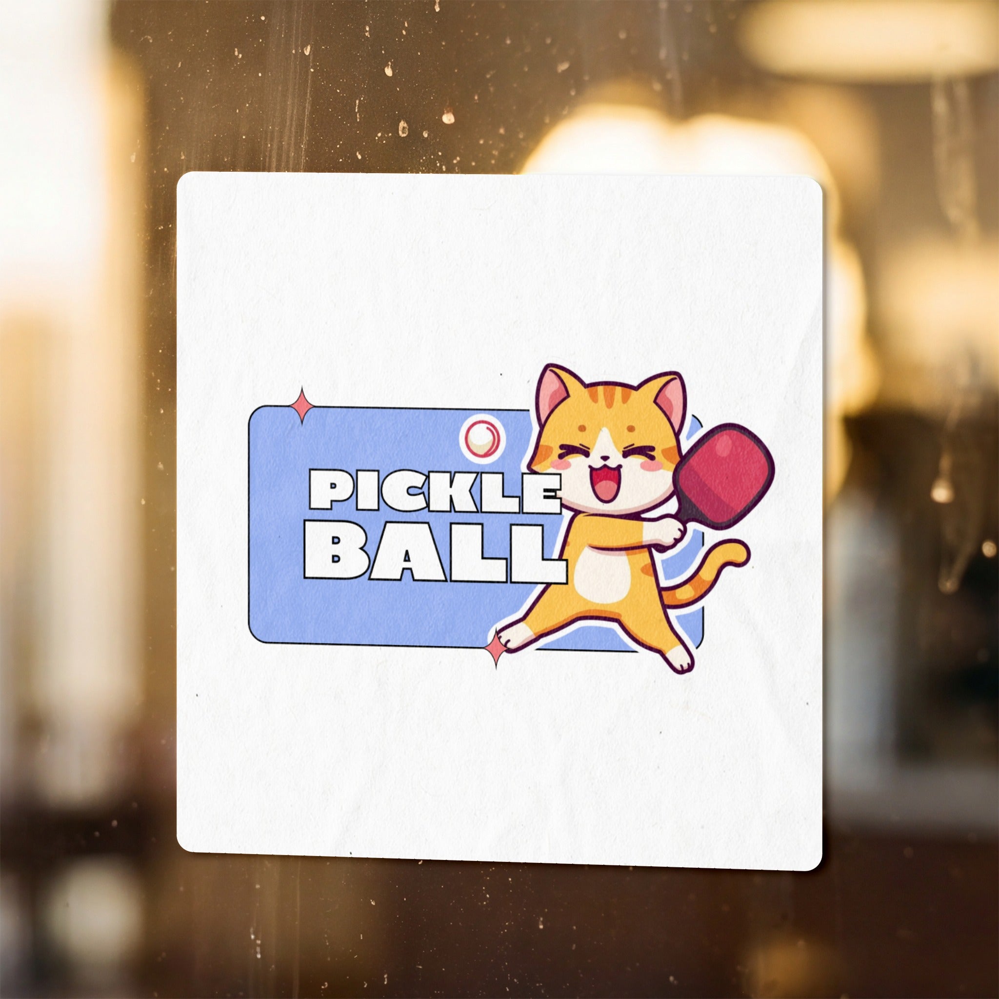 Cartoon orange cat playing pickleball next to the words "PICKLE BALL".