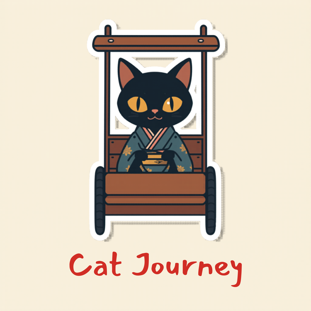 Black cat in a blue kimono sits in a wooden cart, with "Cat Journey" text.