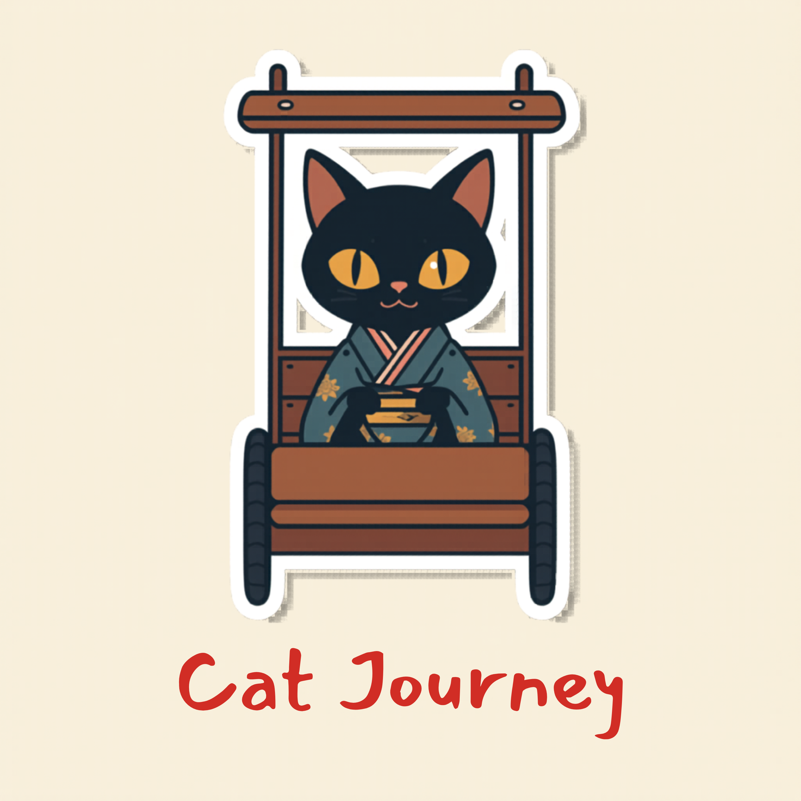 Black cat in a blue kimono sits in a wooden cart, with "Cat Journey" text.