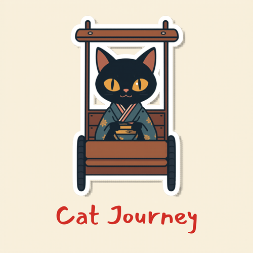 Black cat in a blue kimono sits in a wooden cart, with "Cat Journey" text.