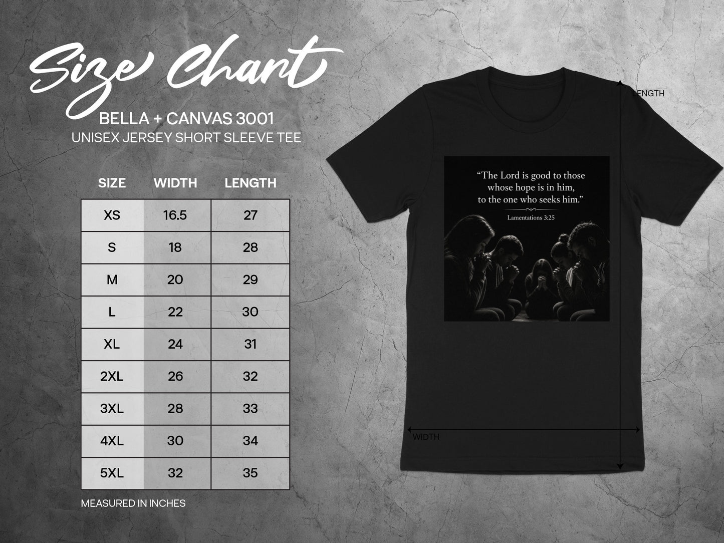 Bella + Canvas 3001 unisex tee size chart with measurements in inches.