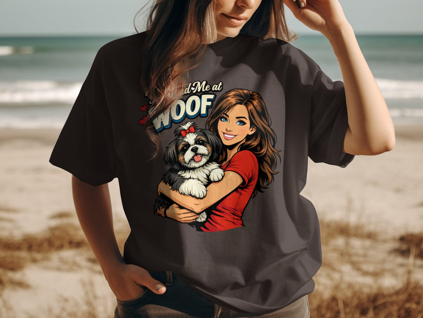 T-shirt graphic featuring woman holding a Shih Tzu dog with text "Find Me at WOOF".