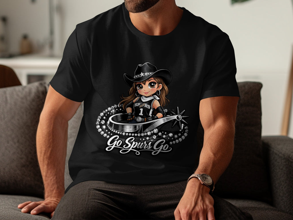 Black t-shirt with cartoon woman in cowboy hat and Spurs jersey, text "Go Spurs Go".