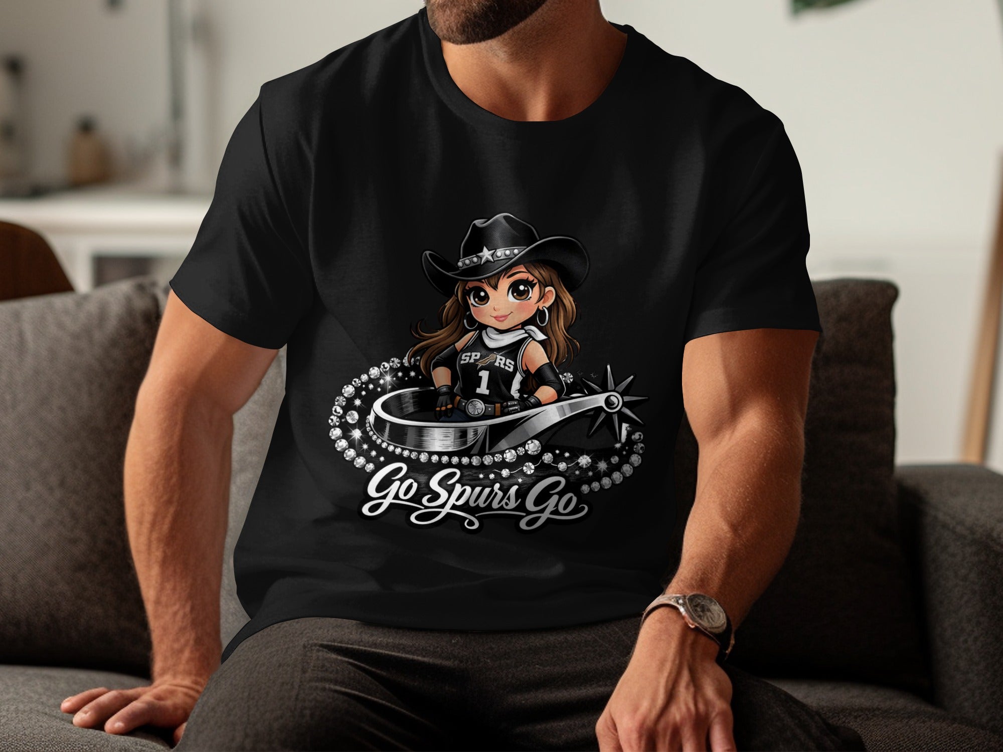 Black t-shirt with cartoon woman in cowboy hat and Spurs jersey, text "Go Spurs Go".