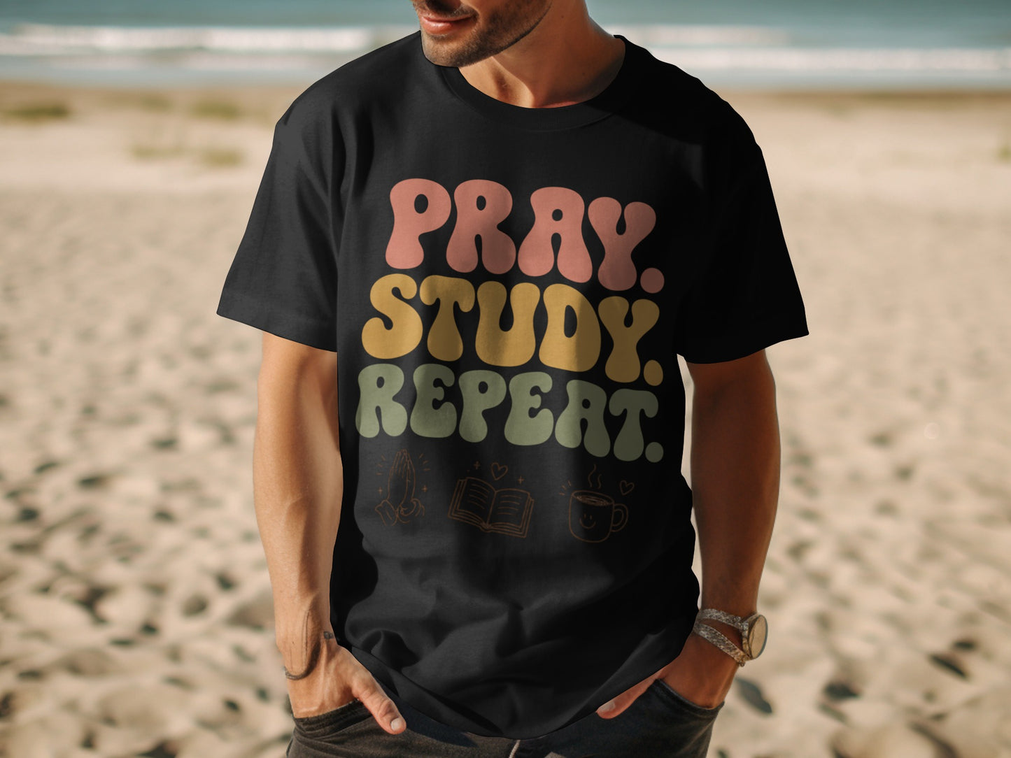 Black t-shirt with "PRAY. STUDY. REPEAT." text and graphic icons.