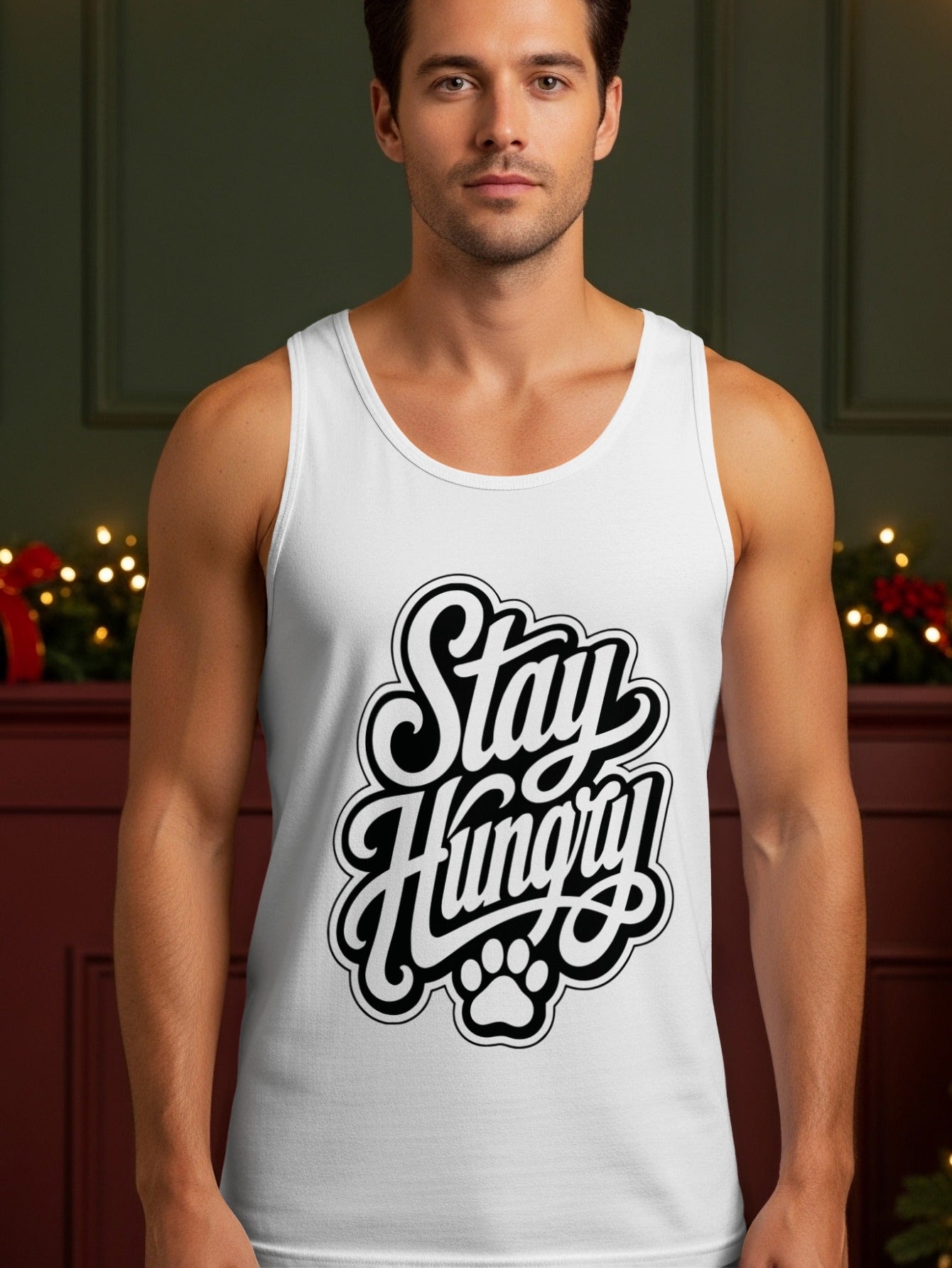 White tank top with black "Stay Hungry" text and paw print graphic.