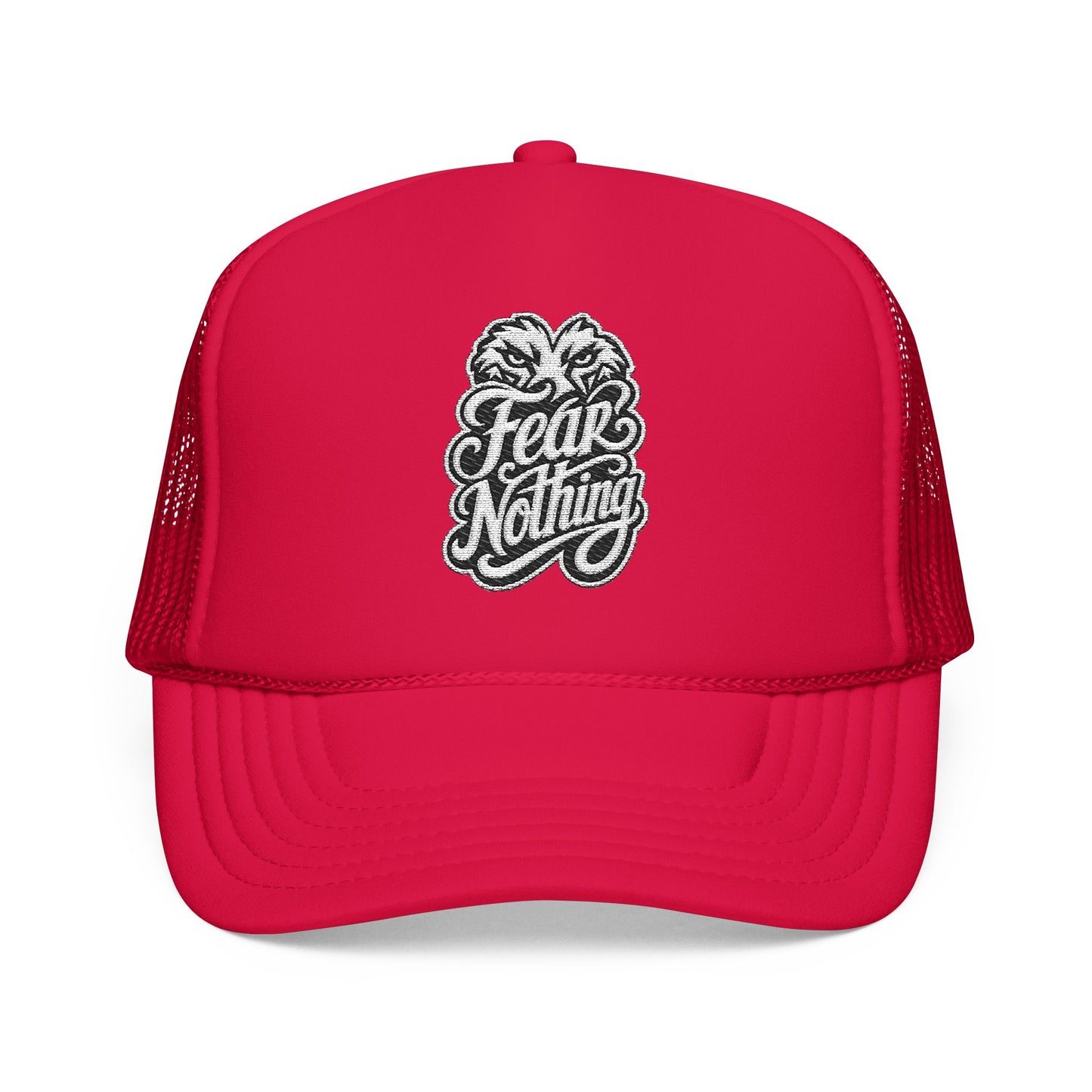 Red trucker hat with embroidered lion face and "Fear Nothing" text.