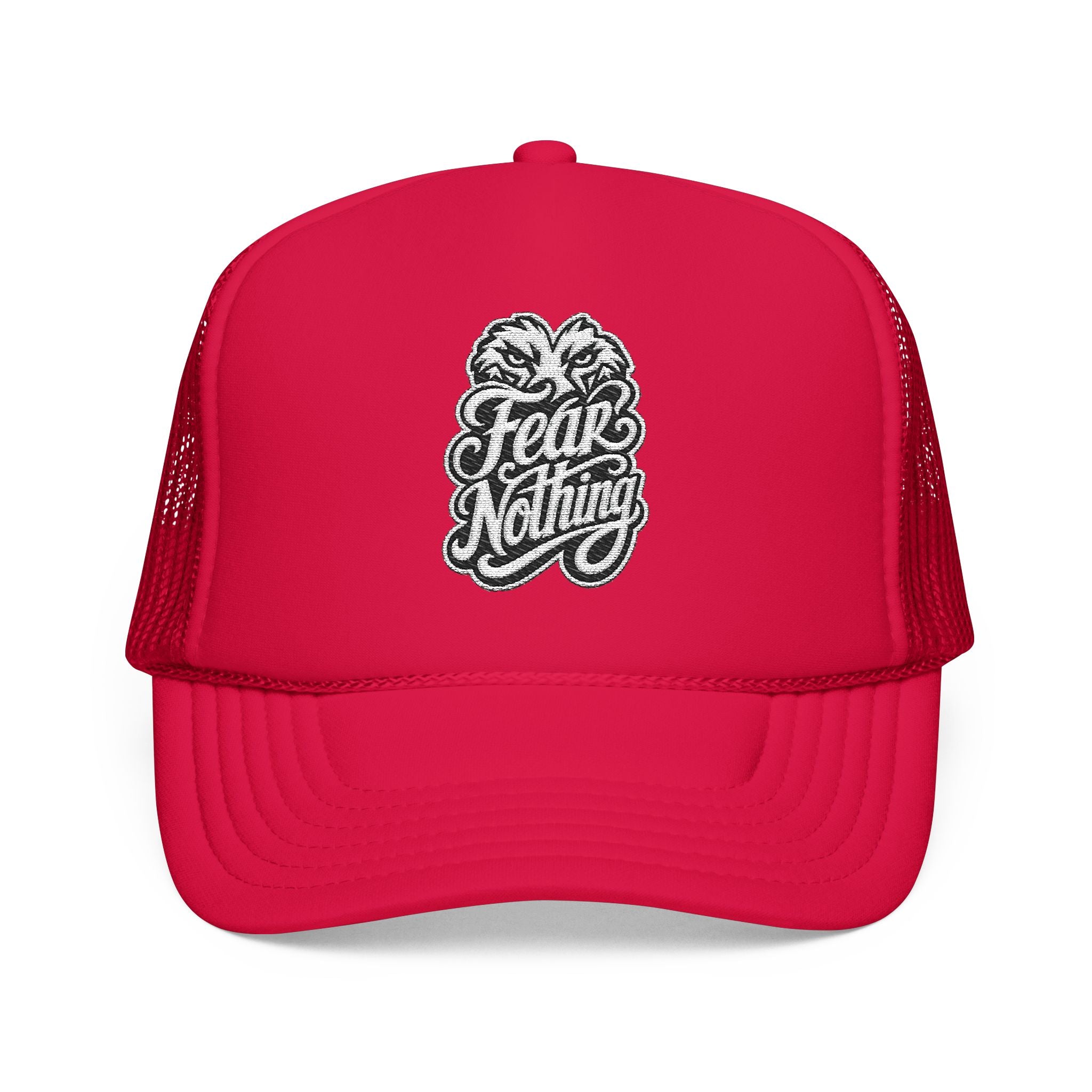 Red trucker hat with embroidered lion face and "Fear Nothing" text.