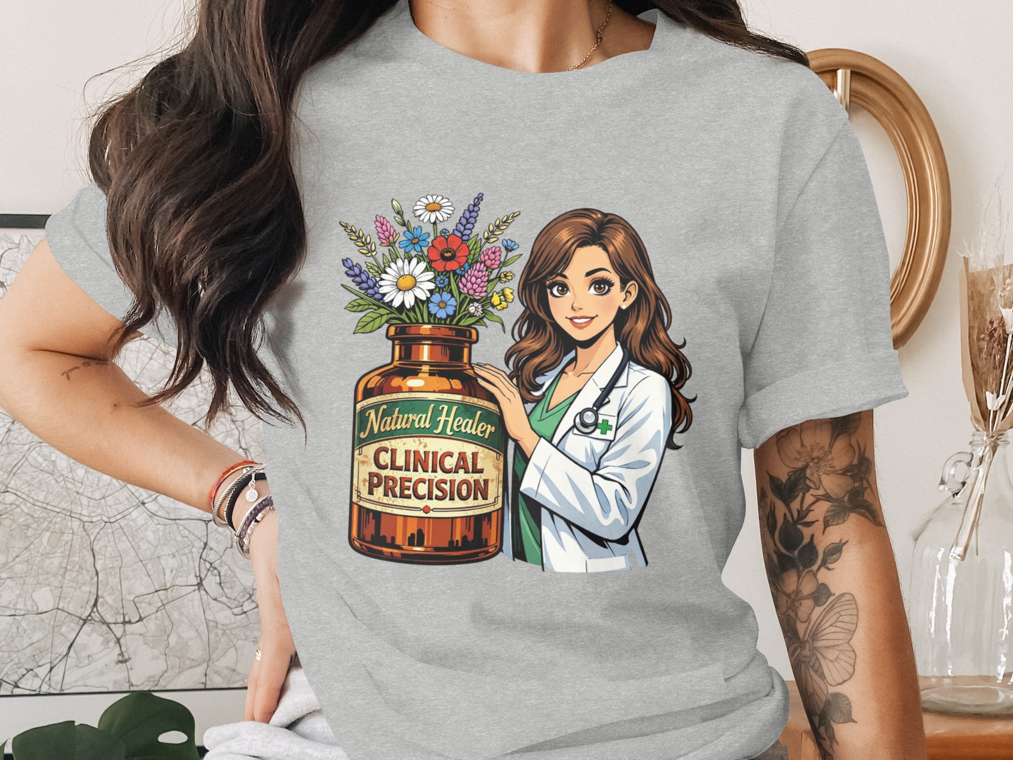 Illustration of a nurse with flowers in a bottle labeled Natural Healer, Clinical Precision.