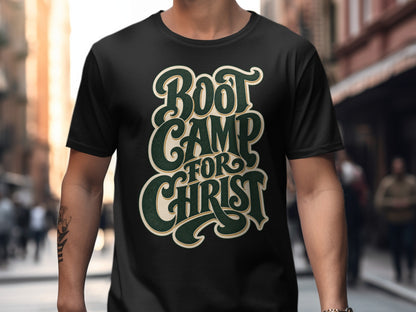 Black t-shirt with green and gold text reading "Boot Camp For Christ".