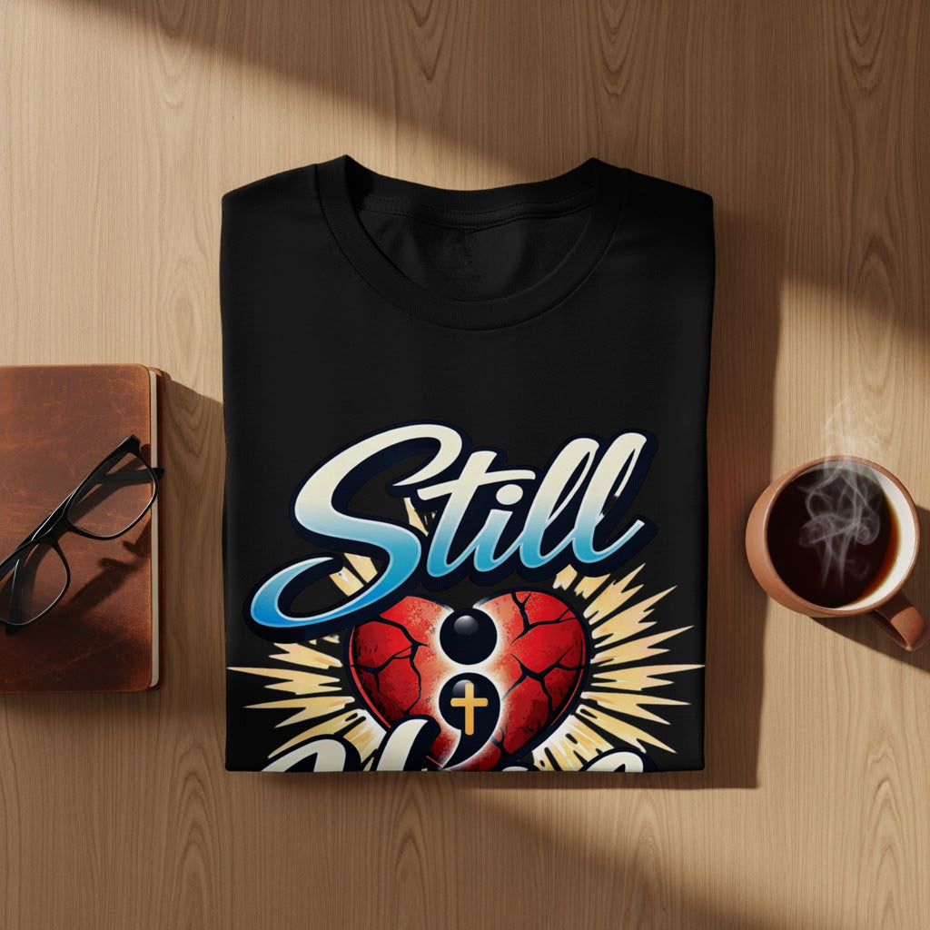 Black t-shirt with "Still" text and a broken heart with a semicolon and cross.