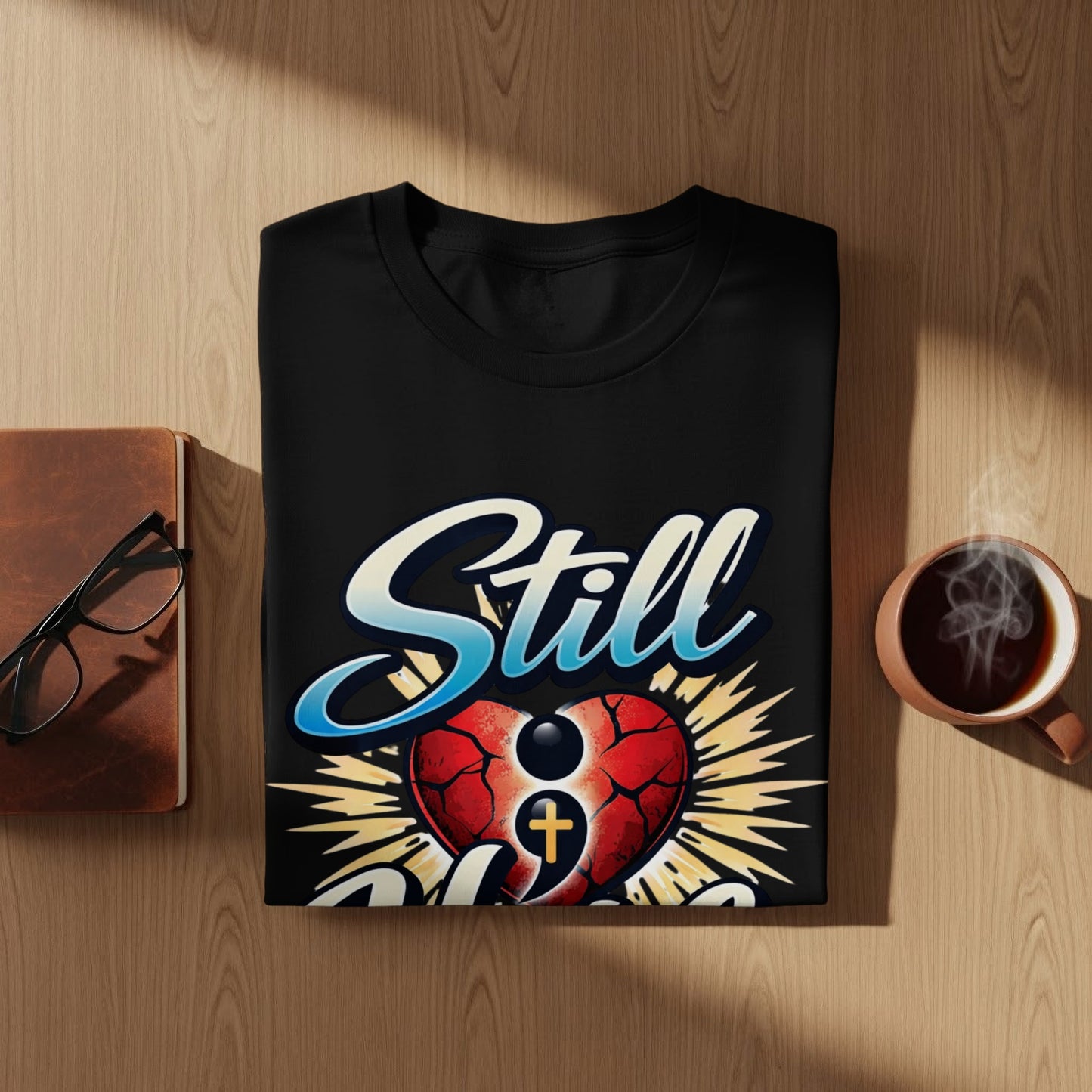 Black t-shirt with "Still" text and a broken heart with a semicolon and cross.