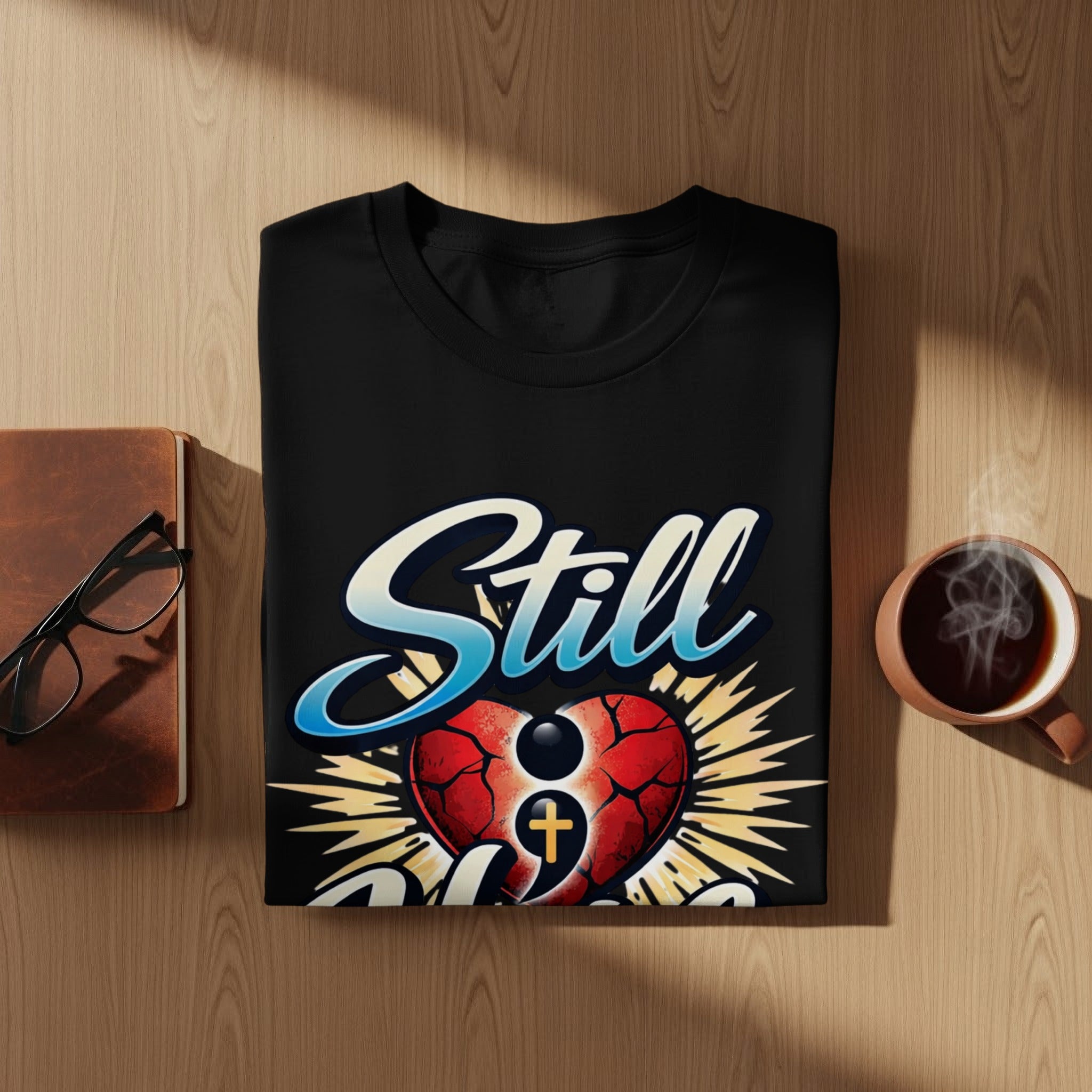 Black t-shirt with "Still" text and a broken heart with a semicolon and cross.