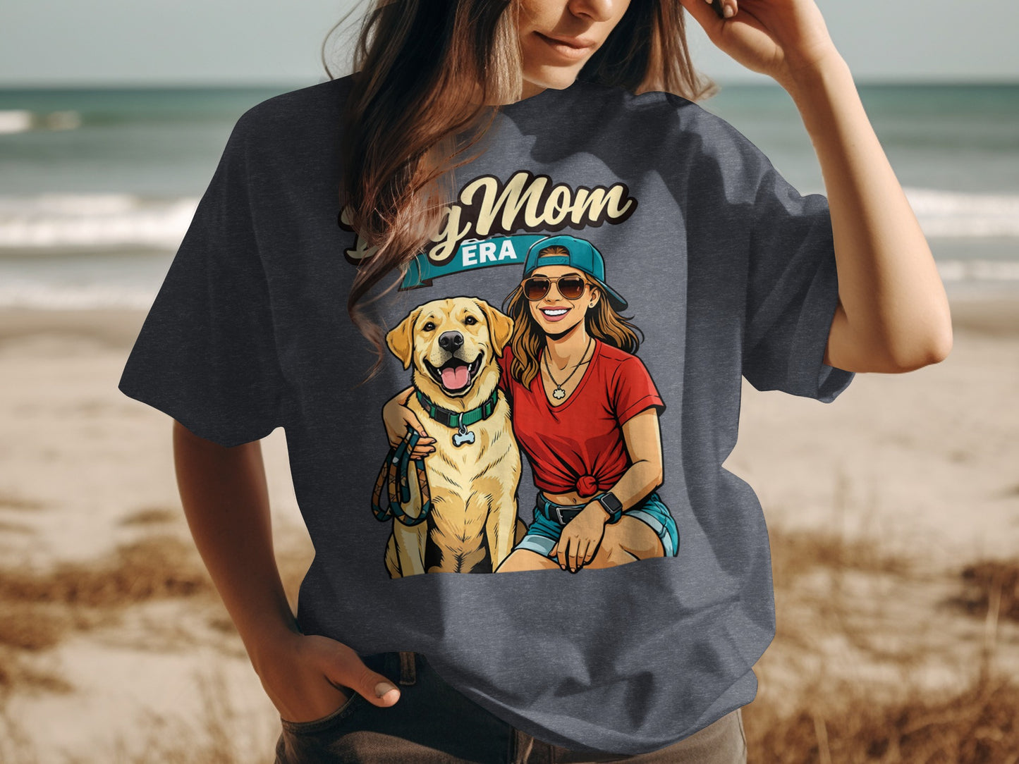 Dog Mom Era graphic features a woman and dog on a beach background.