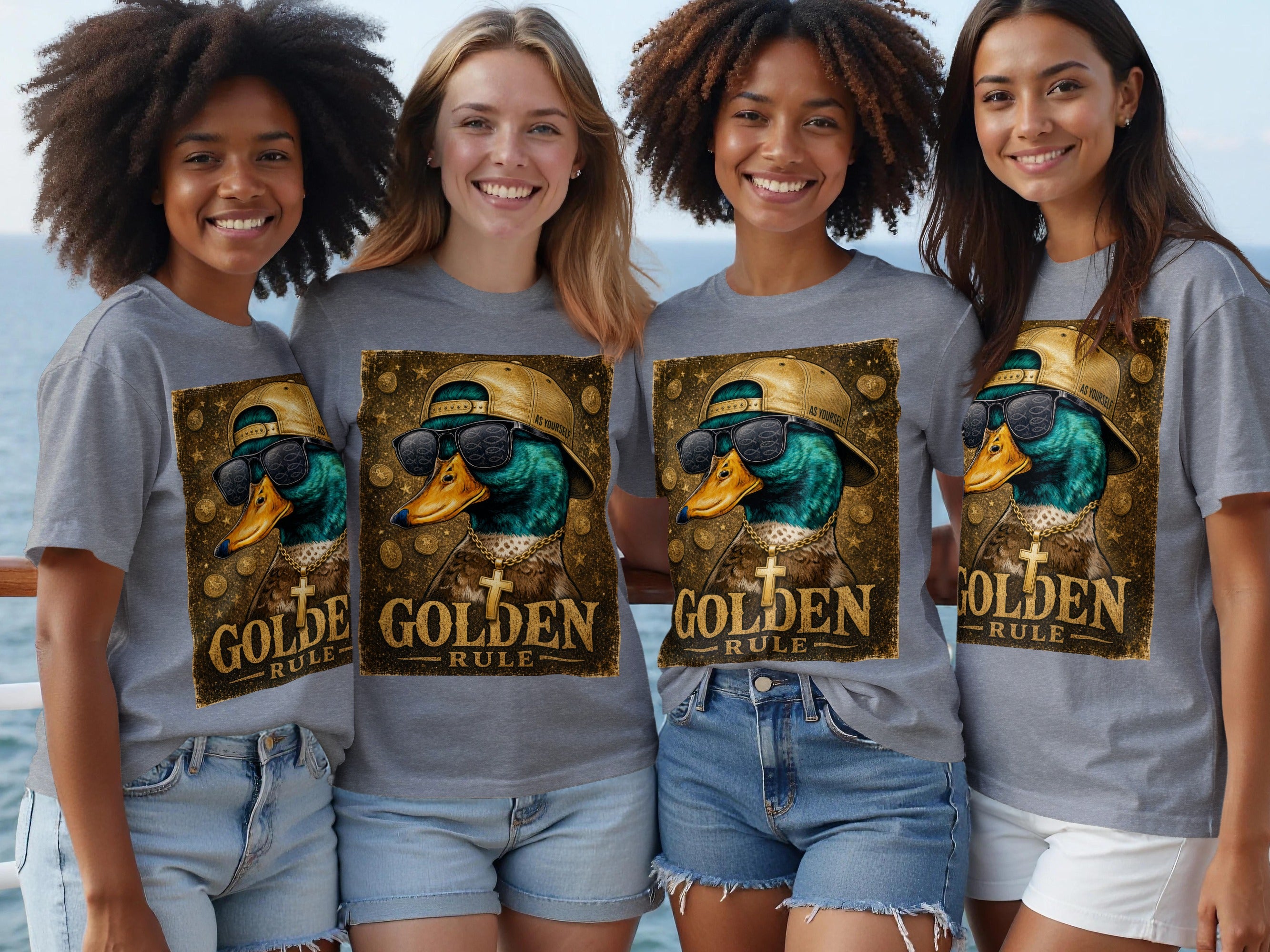 Four women model grey t-shirts featuring a duck wearing sunglasses and a gold chain.