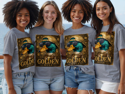 Four women model grey t-shirts featuring a duck wearing sunglasses and a gold chain.