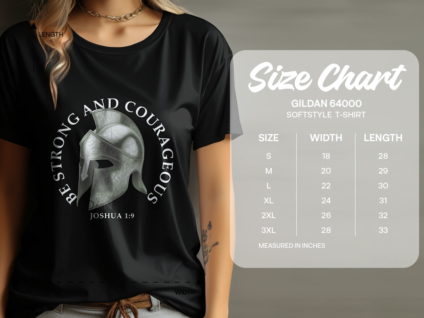 Black t-shirt with gladiator helmet design and size chart by GILDAN 64000.