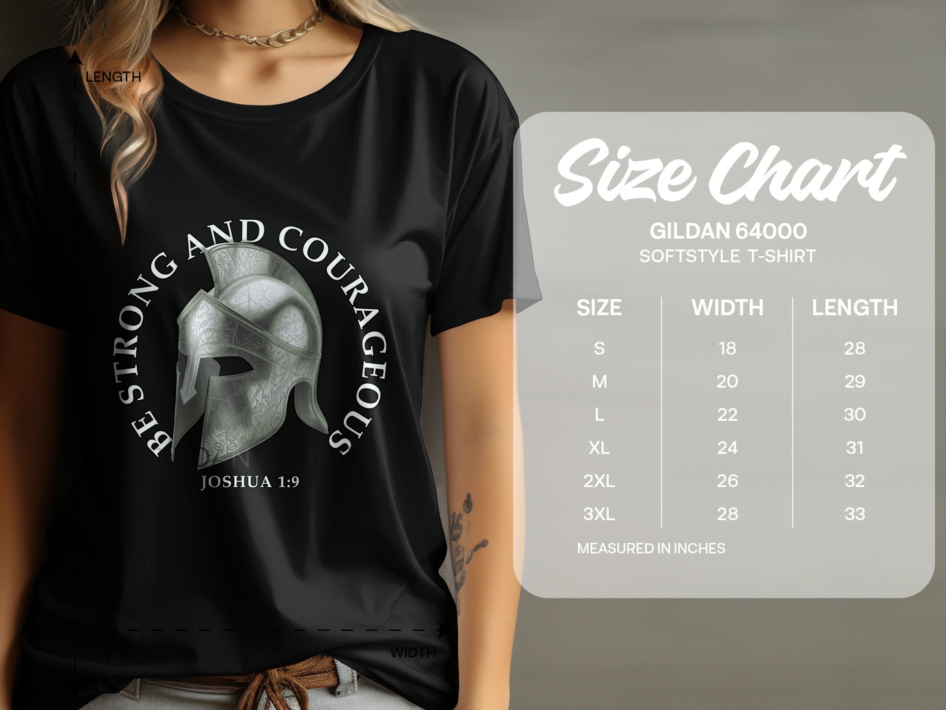 Black t-shirt with gladiator helmet design and size chart by GILDAN 64000.