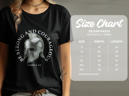 Black t-shirt with gladiator helmet design and size chart by GILDAN 64000.