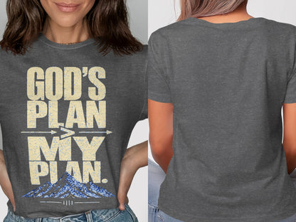 Dark grey t-shirt with "God's Plan My Plan" text and mountain graphic.