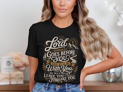 Black t-shirt with "The Lord Himself Goes Before You" and "He Will Never Leave You Nor Forsake You."