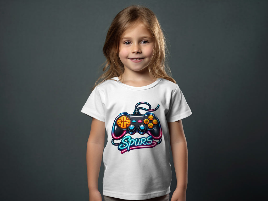 White t-shirt with a neon video game controller graphic and the word "Spurs".