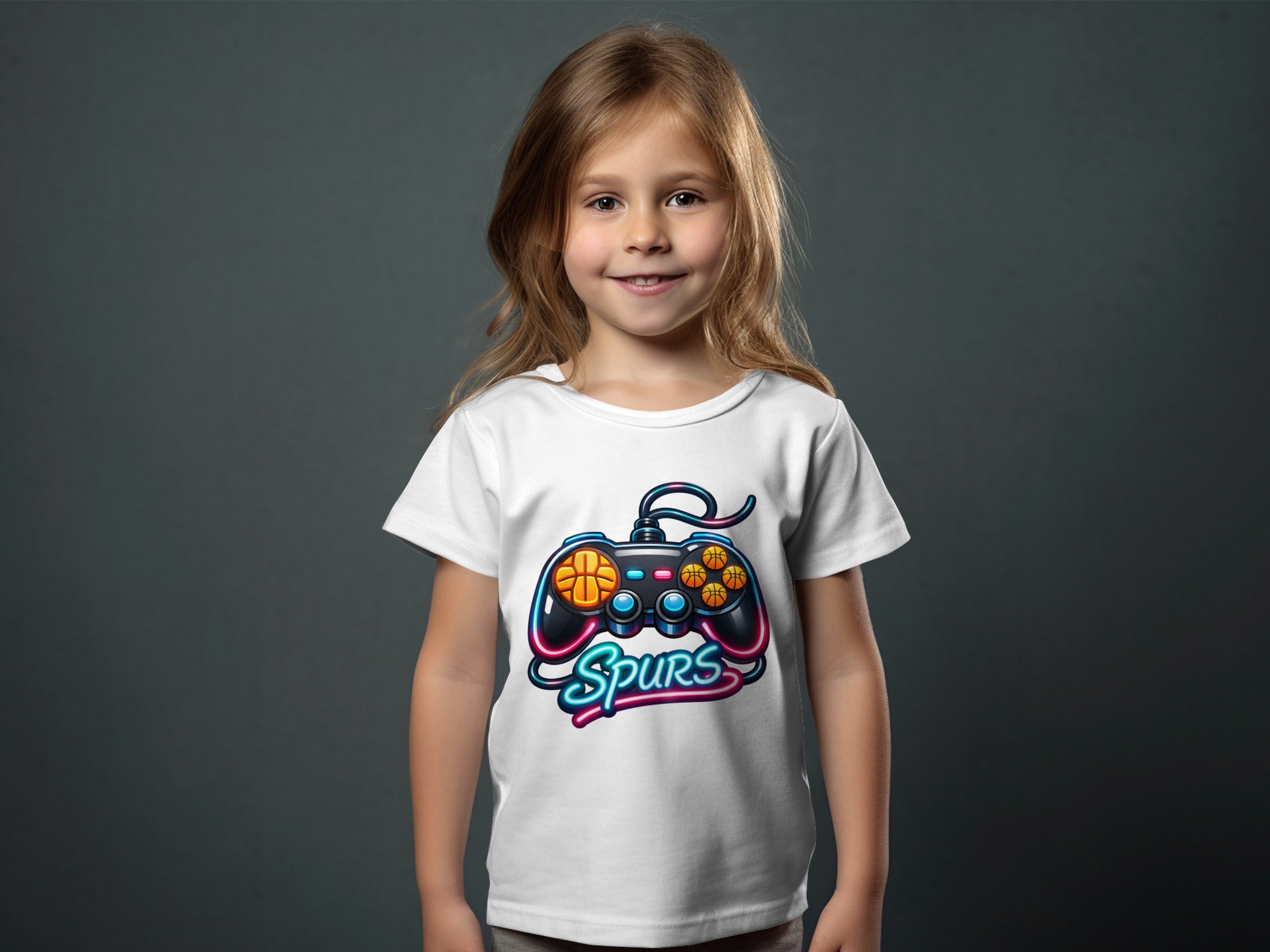 White t-shirt with a neon video game controller graphic and the word "Spurs".