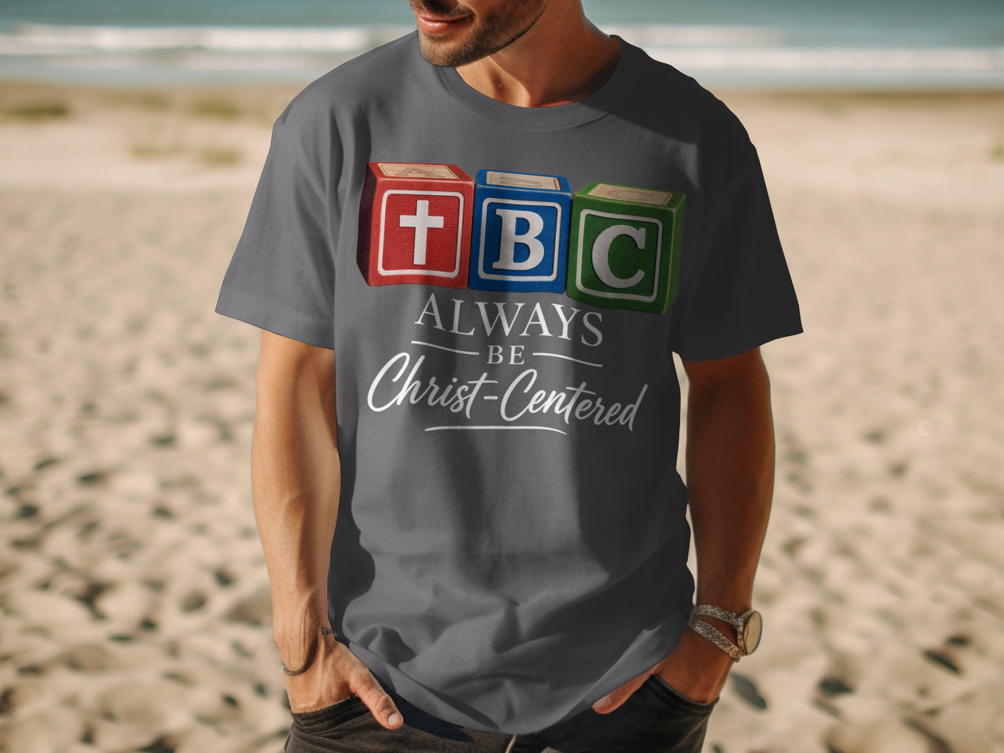 Gray t-shirt with blocks spelling TBC, "Always Be Christ-Centered" text.