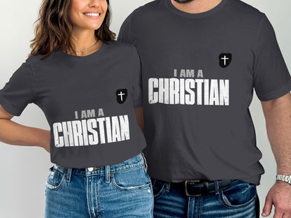 Dark grey t-shirts with white text "I AM A CHRISTIAN" and a cross logo.