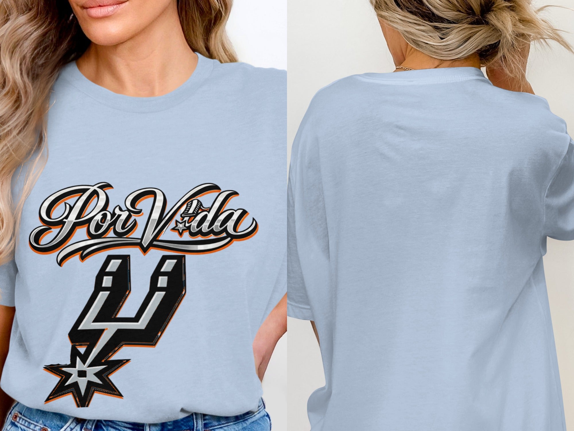 Light blue t-shirt with "Por Vida" and a spur logo graphic.