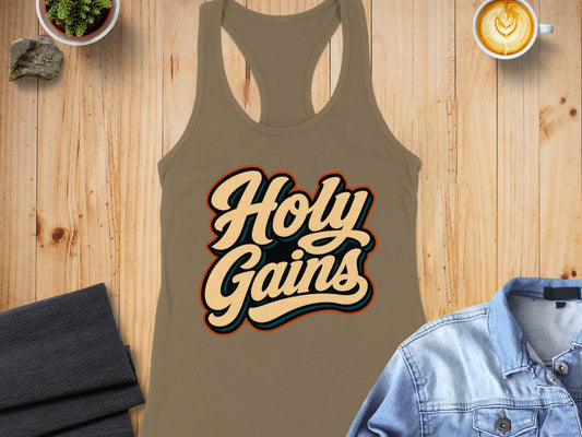 Khaki tank top with "Holy Gains" text in retro lettering