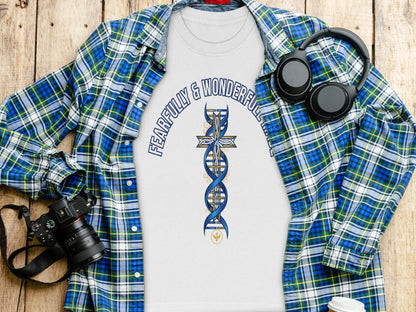 White t-shirt with "Fearfully & Wonderful" text and DNA cross graphic, laid flat with plaid shirt.