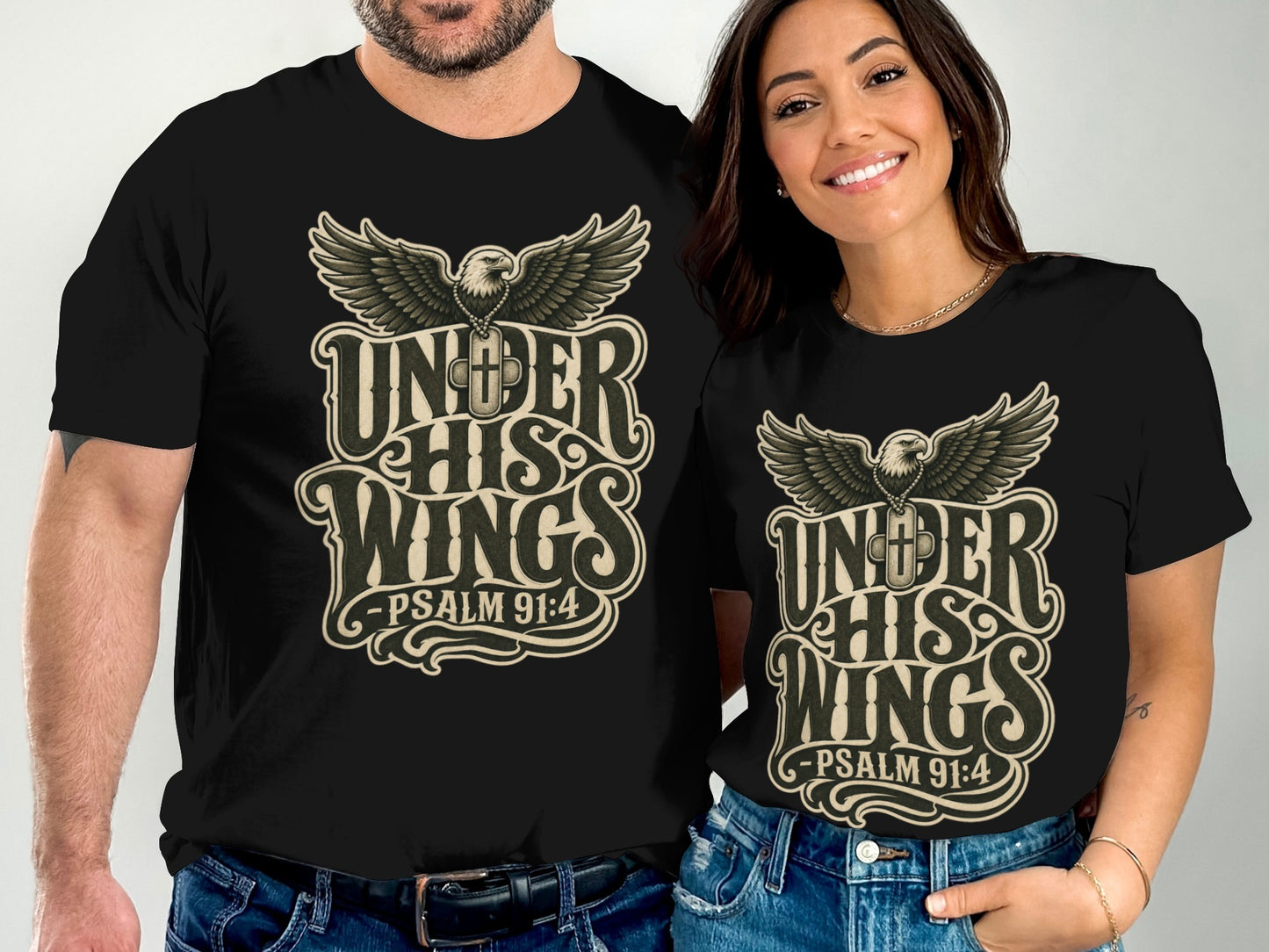 Black t-shirts featuring an eagle design and text "Under His Wings - Psalm 91:4".