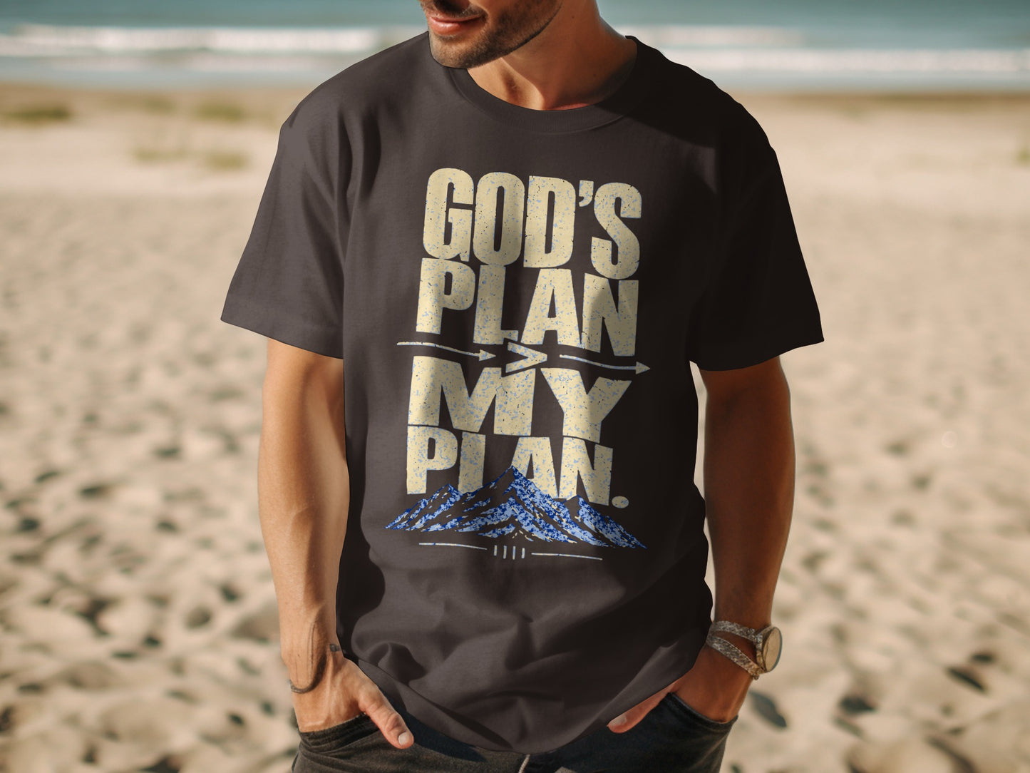 Dark t-shirt with "God's Plan My Plan" text and mountain graphic.